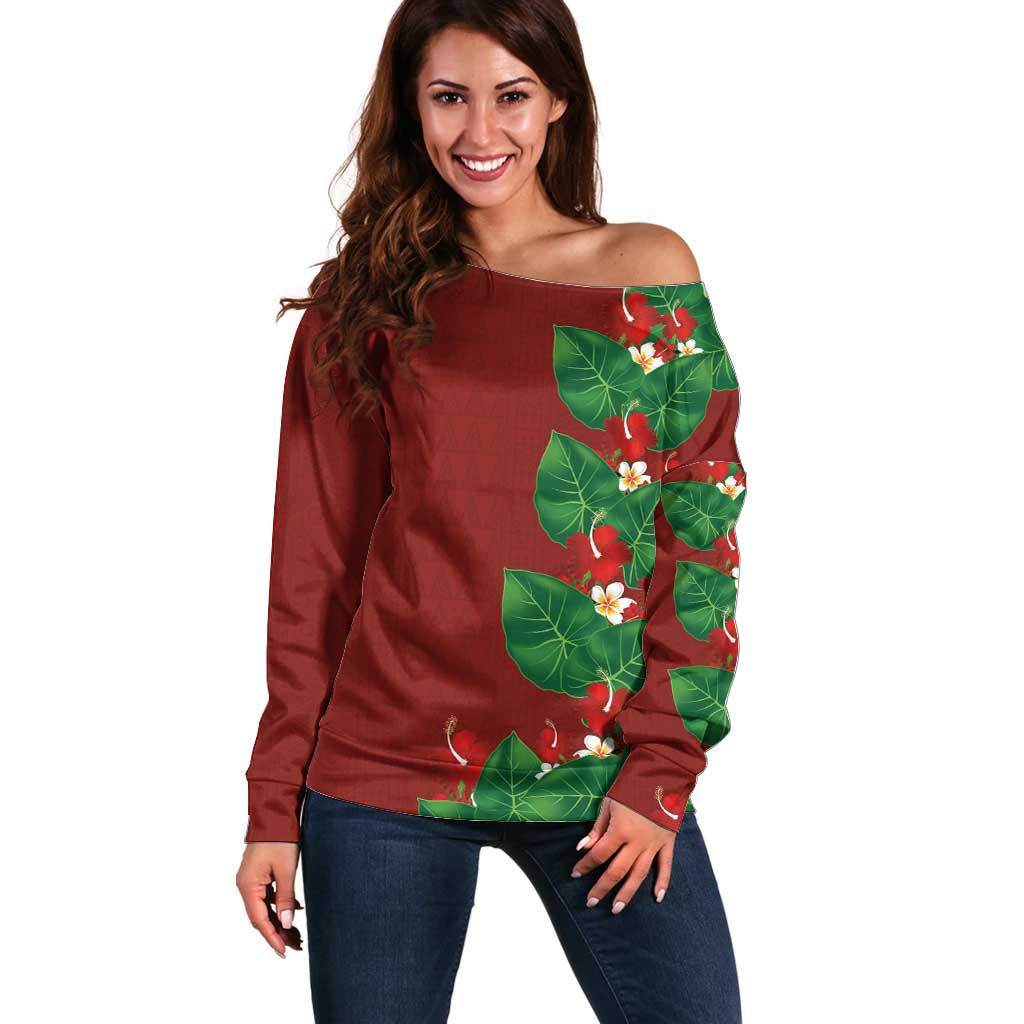 Hawaiian Taro Leaves-Hibiscus and Plumeria Off Shoulder Sweater Polynesian Art-Kakau Tattoo Red LT03 Women Red - Polynesian Pride