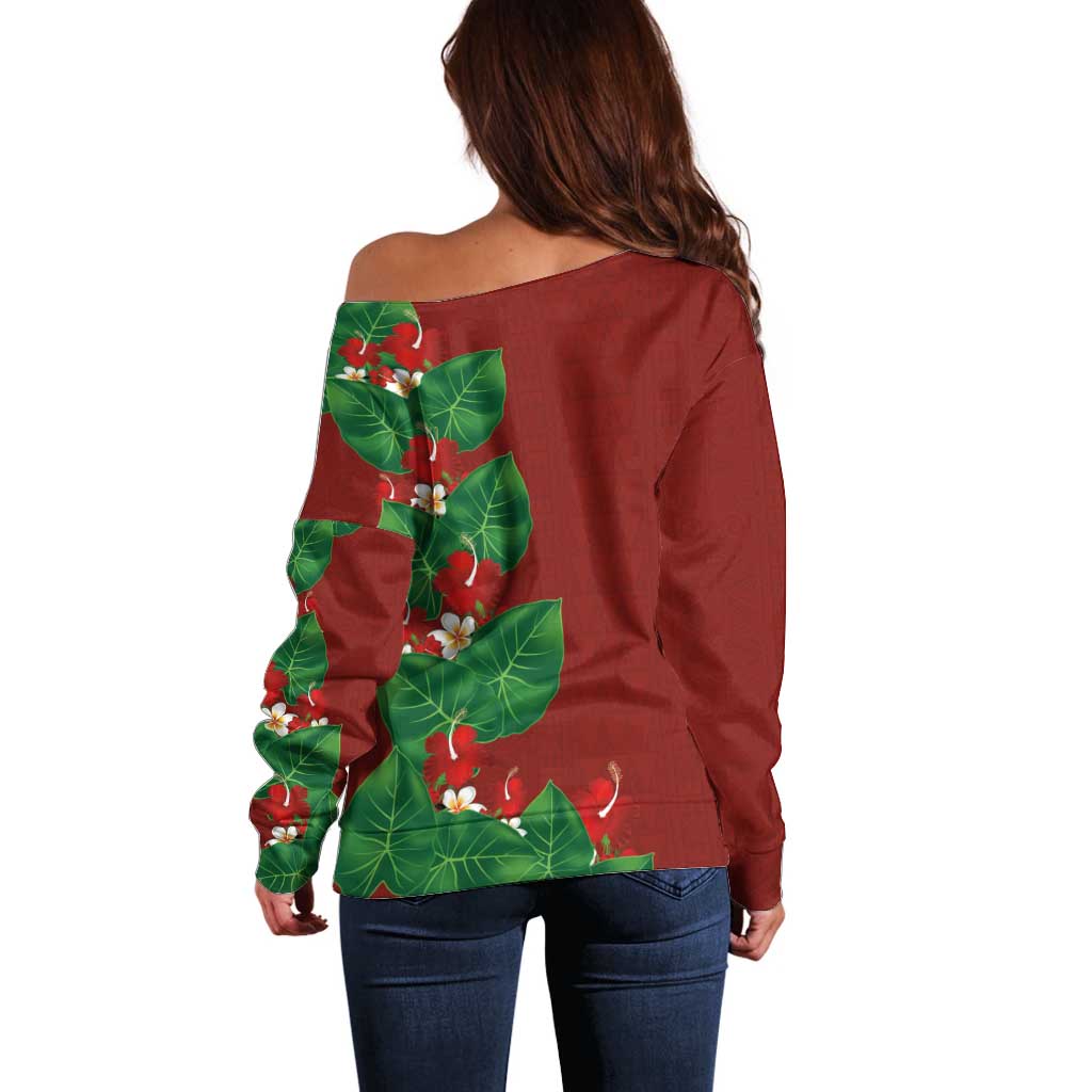 Hawaiian Taro Leaves-Hibiscus and Plumeria Off Shoulder Sweater Polynesian Art-Kakau Tattoo Red LT03 - Polynesian Pride