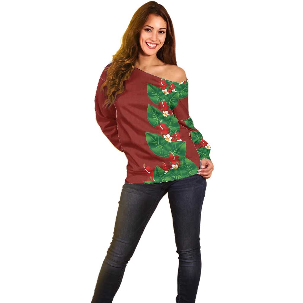 Hawaiian Taro Leaves-Hibiscus and Plumeria Off Shoulder Sweater Polynesian Art-Kakau Tattoo Red LT03 - Polynesian Pride