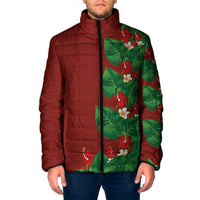 Hawaiian Taro Leaves-Hibiscus and Plumeria Padded Jacket Polynesian Art-Kakau Tattoo Red
