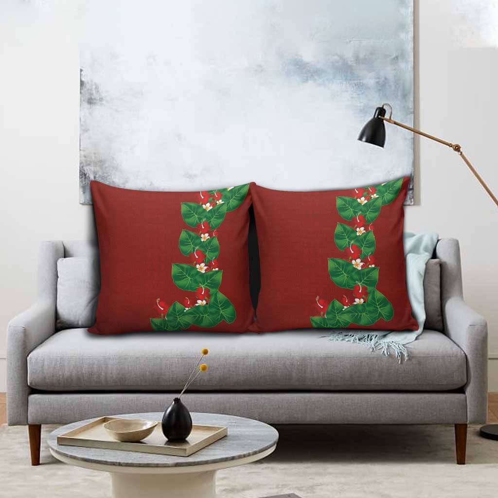 Hawaiian Taro Leaves-Hibiscus and Plumeria Pillow Cover Polynesian Art-Kakau Tattoo Red