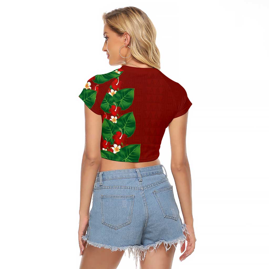 Hawaiian Taro Leaves-Hibiscus and Plumeria Raglan Cropped T Shirt Polynesian Art-Kakau Tattoo Red LT03 - Polynesian Pride