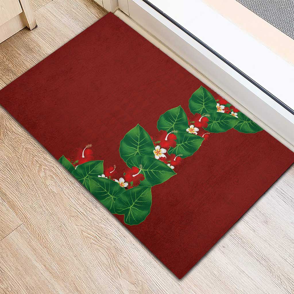 Hawaiian Taro Leaves-Hibiscus and Plumeria Rubber Doormat Polynesian Art-Kakau Tattoo Red