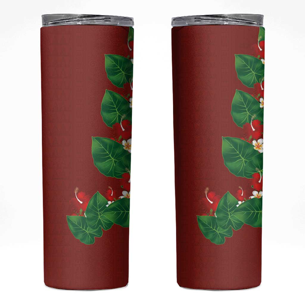 Hawaiian Taro Leaves-Hibiscus and Plumeria Skinny Tumbler Polynesian Art-Kakau Tattoo Red