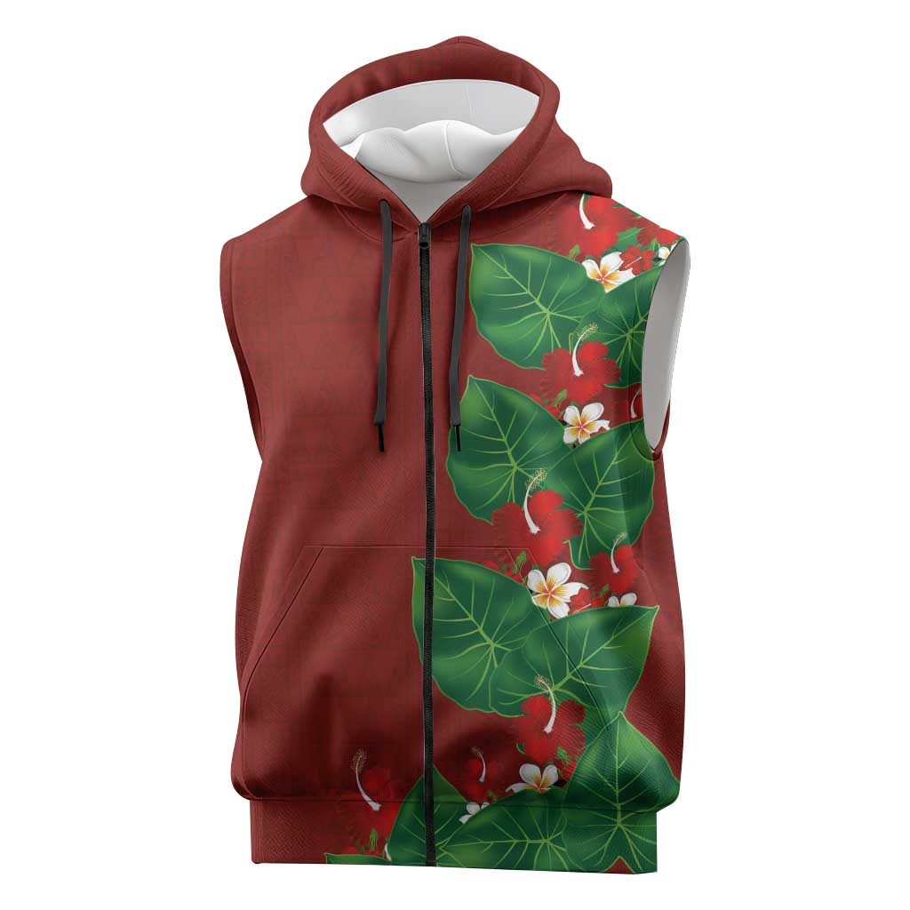 Hawaiian Taro Leaves-Hibiscus and Plumeria Sleeveless Zip Hoodie Polynesian Art-Kakau Tattoo Red LT03 Red - Polynesian Pride