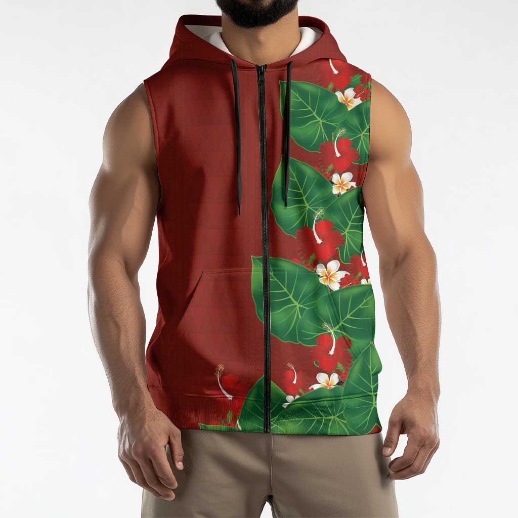 Hawaiian Taro Leaves-Hibiscus and Plumeria Sleeveless Zip Hoodie Polynesian Art-Kakau Tattoo Red LT03 - Polynesian Pride