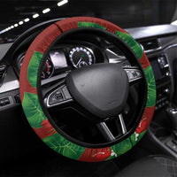 Hawaiian Taro Leaves-Hibiscus and Plumeria Steering Wheel Cover Polynesian Art-Kakau Tattoo Red LT03 Universal Fit Red - Polynesian Pride