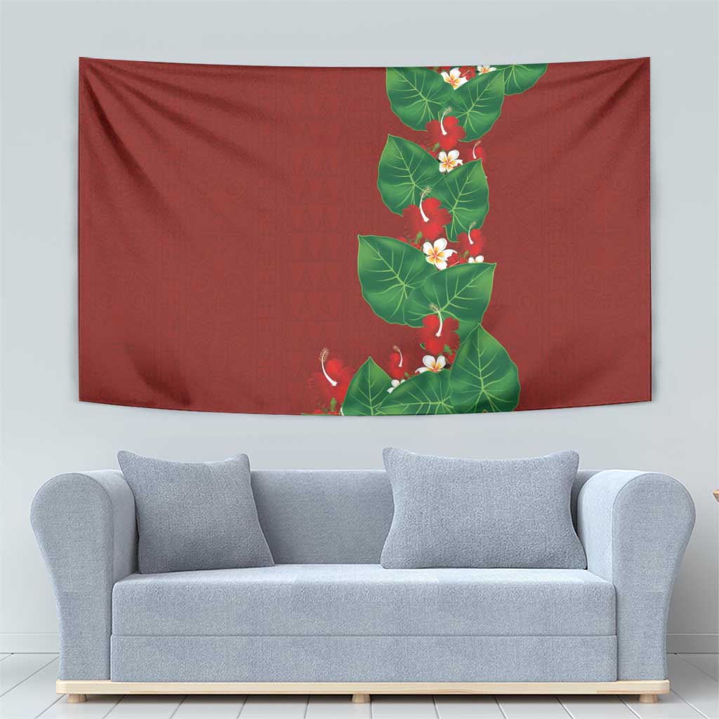 Hawaiian Taro Leaves-Hibiscus and Plumeria Tapestry Polynesian Art-Kakau Tattoo Red