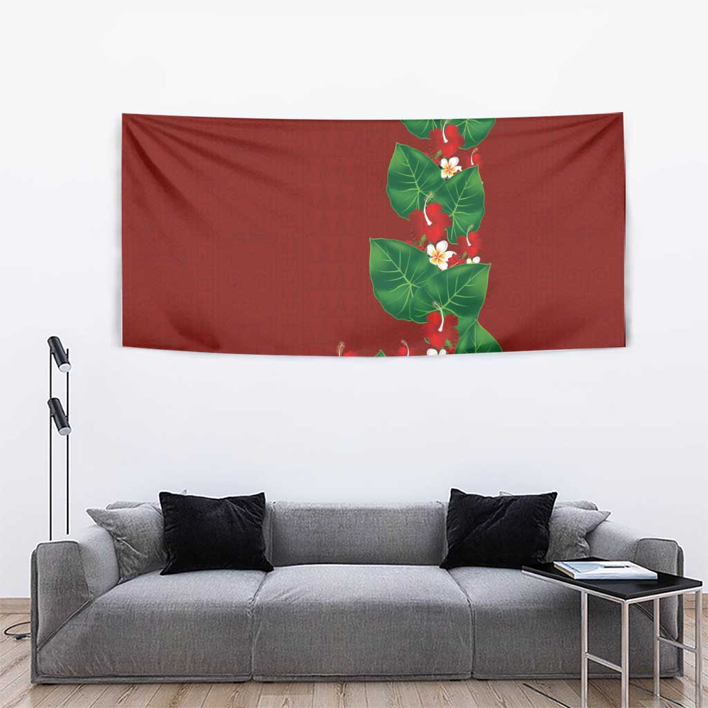 Hawaiian Taro Leaves-Hibiscus and Plumeria Tapestry Polynesian Art-Kakau Tattoo Red