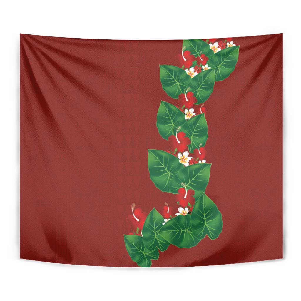 Hawaiian Taro Leaves-Hibiscus and Plumeria Tapestry Polynesian Art-Kakau Tattoo Red