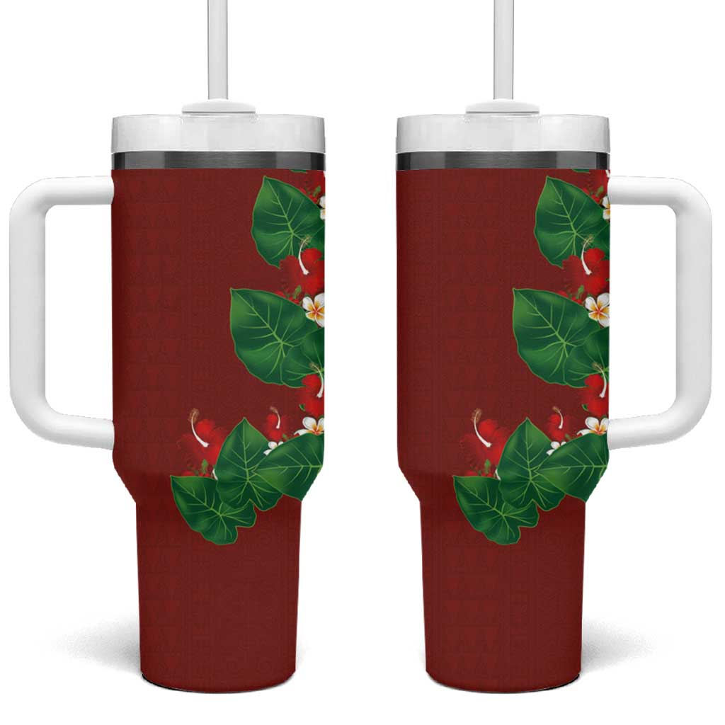 Hawaiian Taro Leaves-Hibiscus and Plumeria Tumbler With Handle Polynesian Art-Kakau Tattoo Red LT03 One Size: 40 oz Red - Polynesian Pride