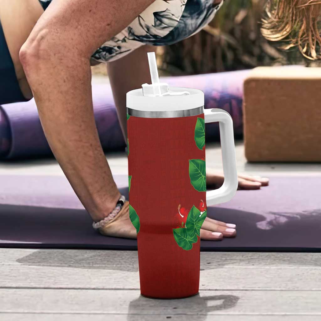 Hawaiian Taro Leaves-Hibiscus and Plumeria Tumbler With Handle Polynesian Art-Kakau Tattoo Red LT03 - Polynesian Pride