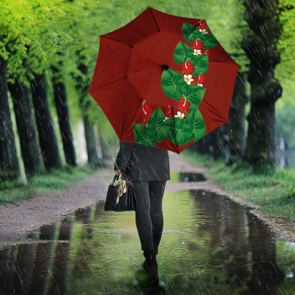 Hawaiian Taro Leaves-Hibiscus and Plumeria Umbrella Polynesian Art-Kakau Tattoo Red