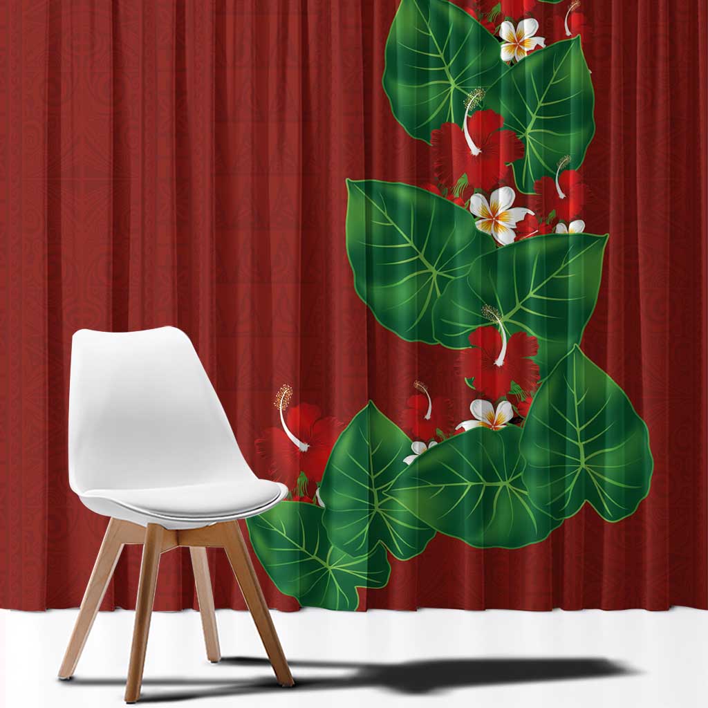 Hawaiian Taro Leaves-Hibiscus and Plumeria Window Curtain Polynesian Art-Kakau Tattoo Red