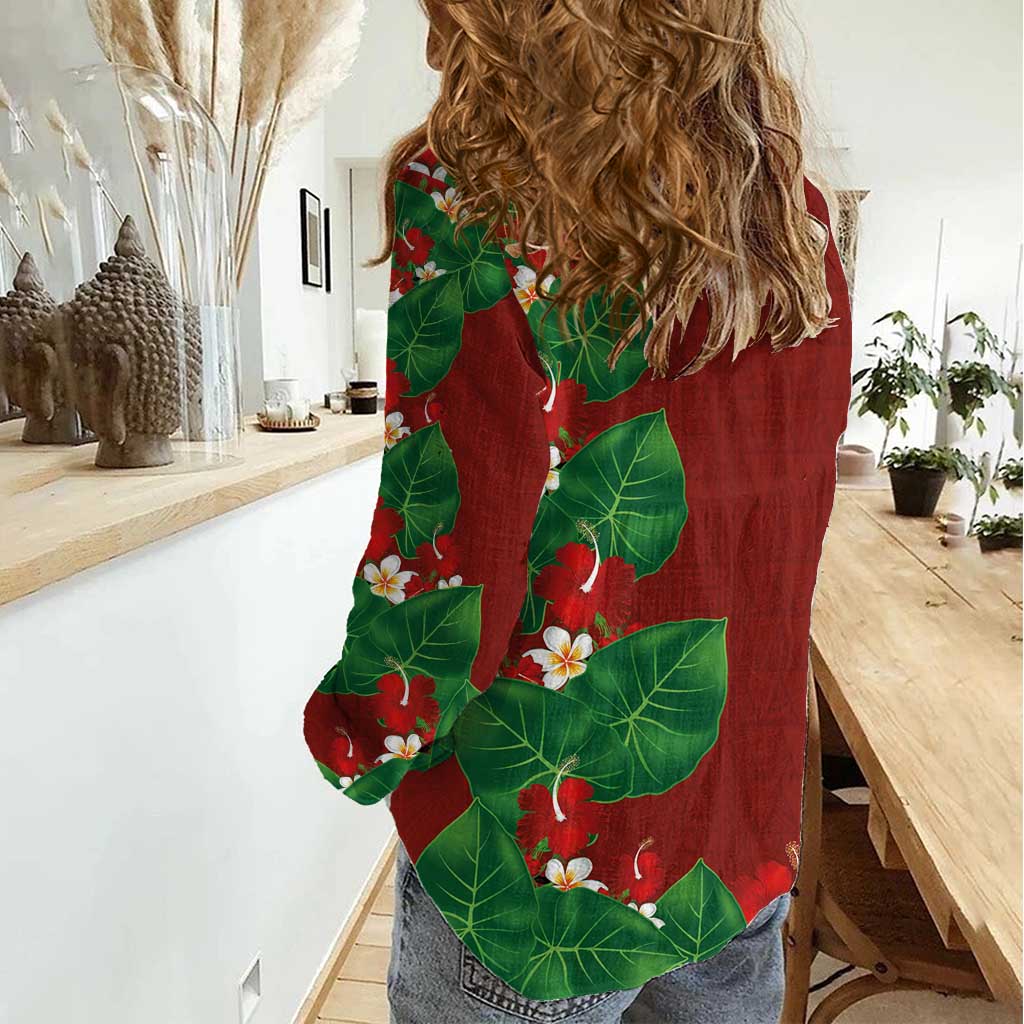 Hawaiian Taro Leaves-Hibiscus and Plumeria Women Casual Shirt Polynesian Art-Kakau Tattoo Red LT03 - Polynesian Pride