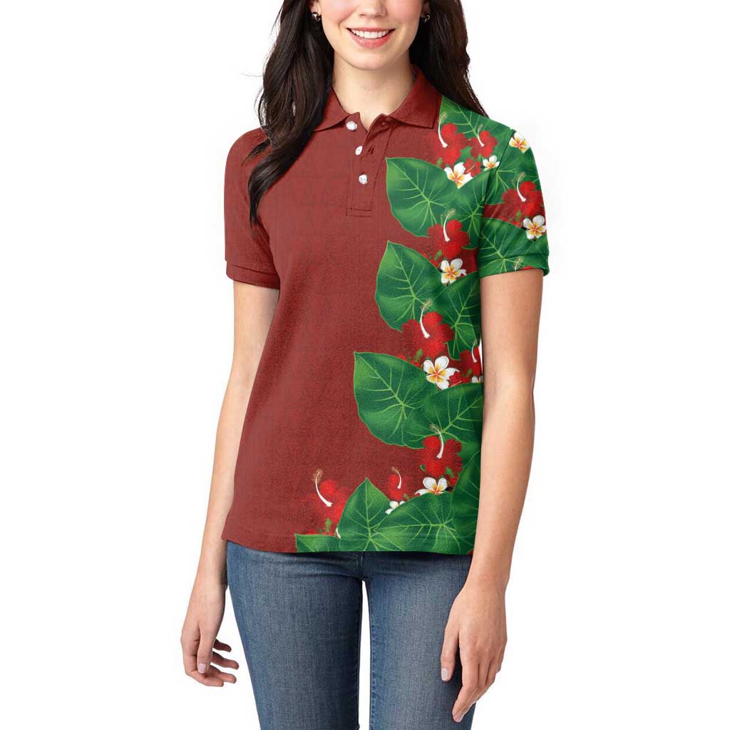 Hawaiian Taro Leaves-Hibiscus and Plumeria Women Polo Shirt Polynesian Art-Kakau Tattoo Red LT03 - Polynesian Pride