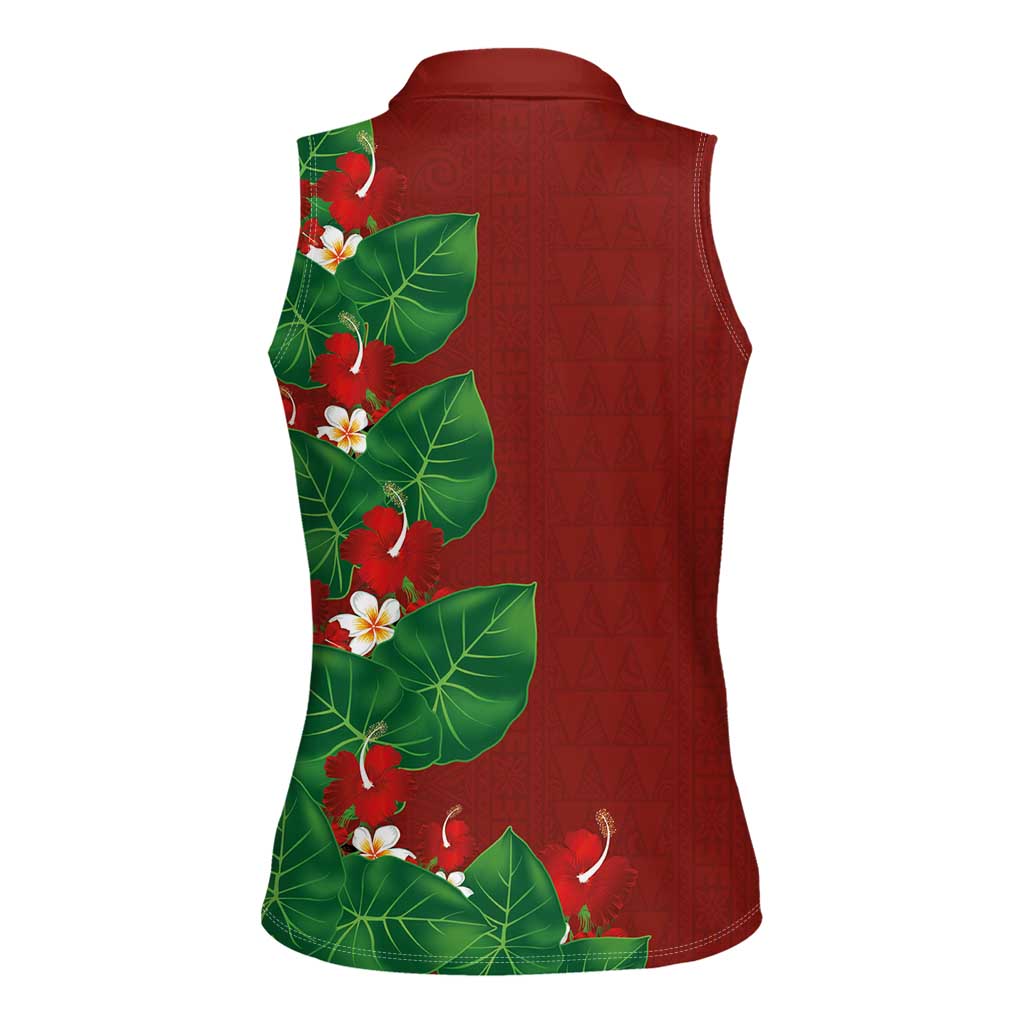 Hawaiian Taro Leaves-Hibiscus and Plumeria Women Sleeveless Polo Shirt Polynesian Art-Kakau Tattoo Red LT03 - Polynesian Pride