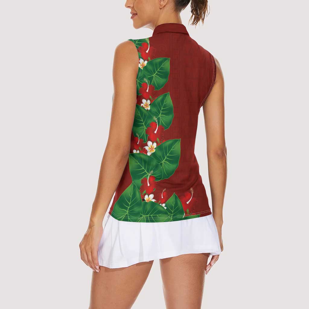 Hawaiian Taro Leaves-Hibiscus and Plumeria Women Sleeveless Polo Shirt Polynesian Art-Kakau Tattoo Red LT03 - Polynesian Pride