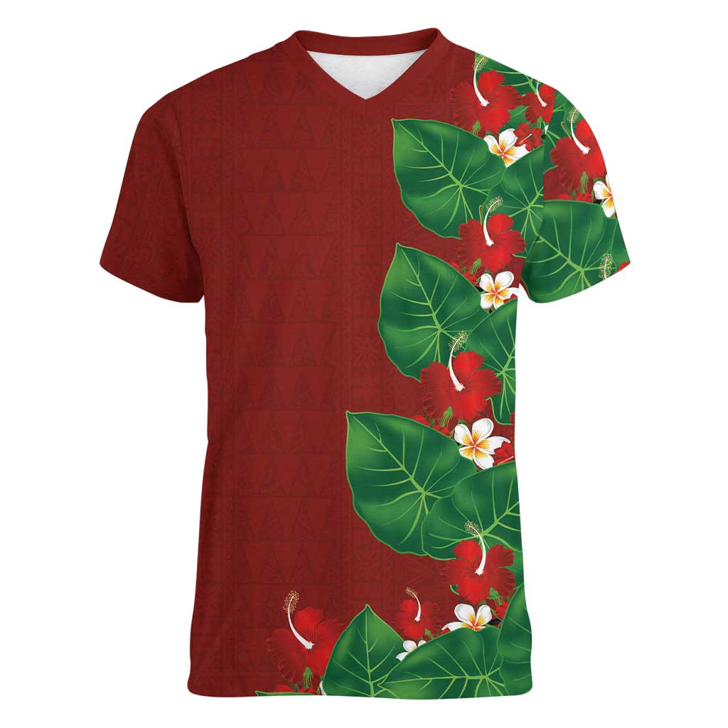 Hawaiian Taro Leaves-Hibiscus and Plumeria Women V-Neck T-Shirt Polynesian Art-Kakau Tattoo Red LT03 Female Red - Polynesian Pride