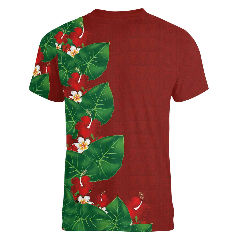 Hawaiian Taro Leaves-Hibiscus and Plumeria Women V-Neck T-Shirt Polynesian Art-Kakau Tattoo Red LT03 - Polynesian Pride