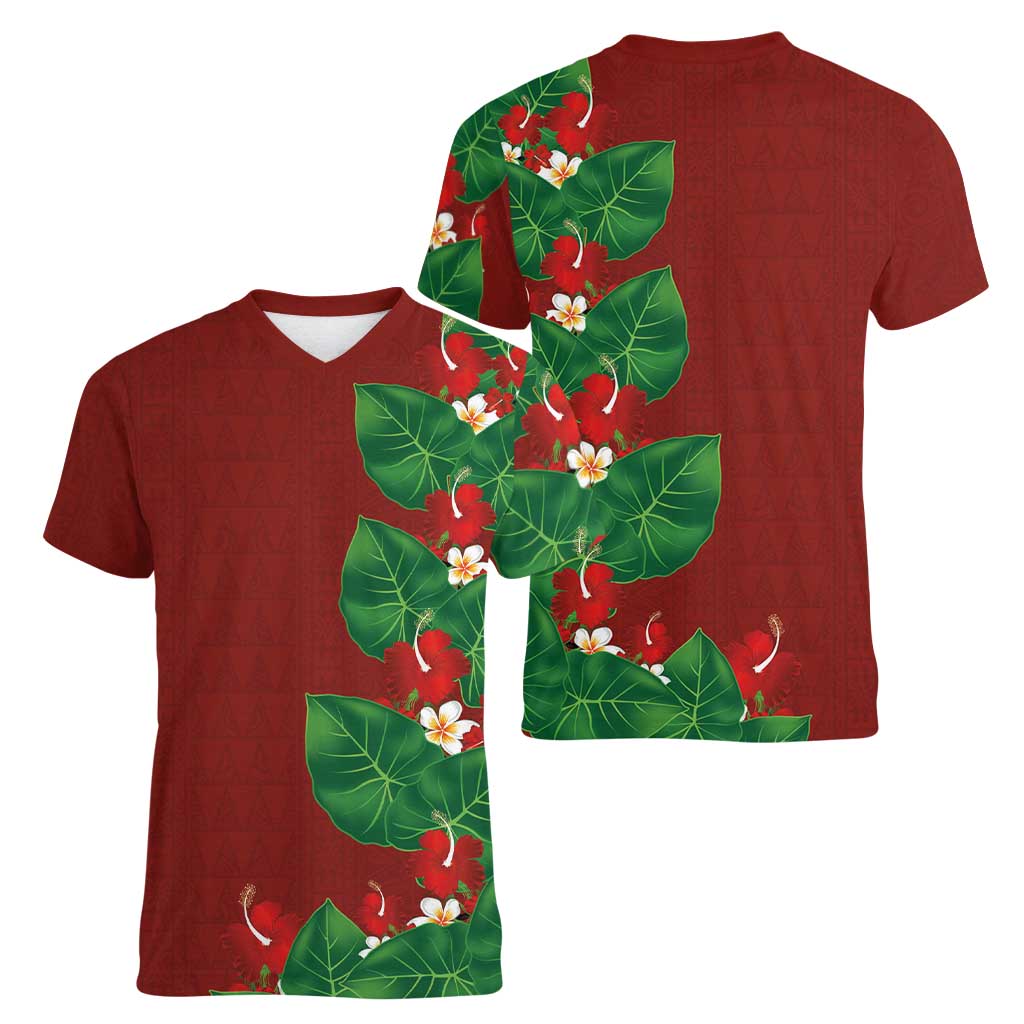 Hawaiian Taro Leaves-Hibiscus and Plumeria Women V-Neck T-Shirt Polynesian Art-Kakau Tattoo Red LT03 - Polynesian Pride