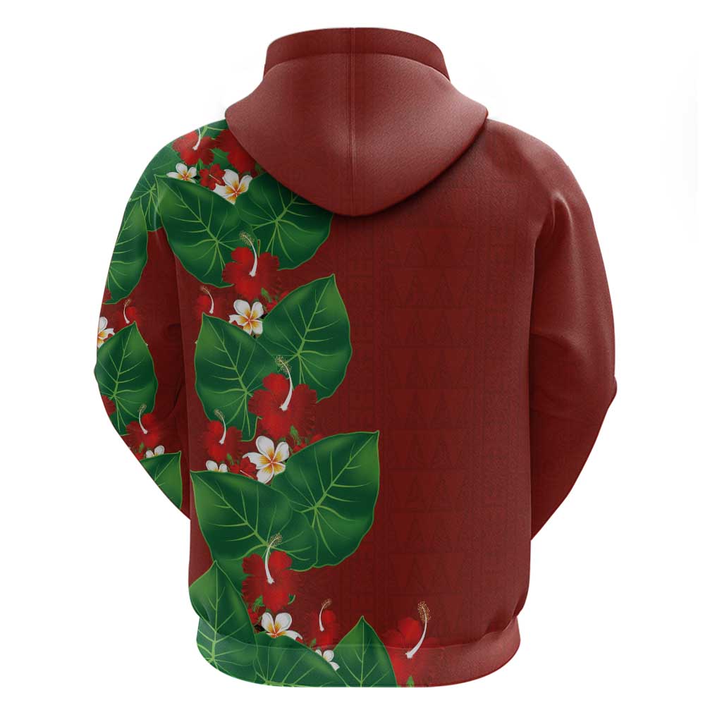 Hawaiian Taro Leaves-Hibiscus and Plumeria Zip Hoodie Polynesian Art-Kakau Tattoo Red LT03 - Polynesian Pride