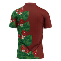 Hawaiian Taro Leaves-Hibiscus and Plumeria Zipper Polo Shirt Polynesian Art-Kakau Tattoo Red LT03 - Polynesian Pride