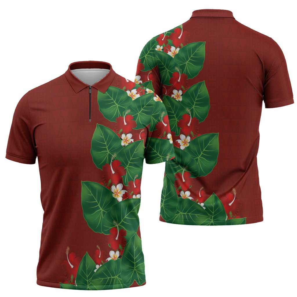 Hawaiian Taro Leaves-Hibiscus and Plumeria Zipper Polo Shirt Polynesian Art-Kakau Tattoo Red LT03 - Polynesian Pride