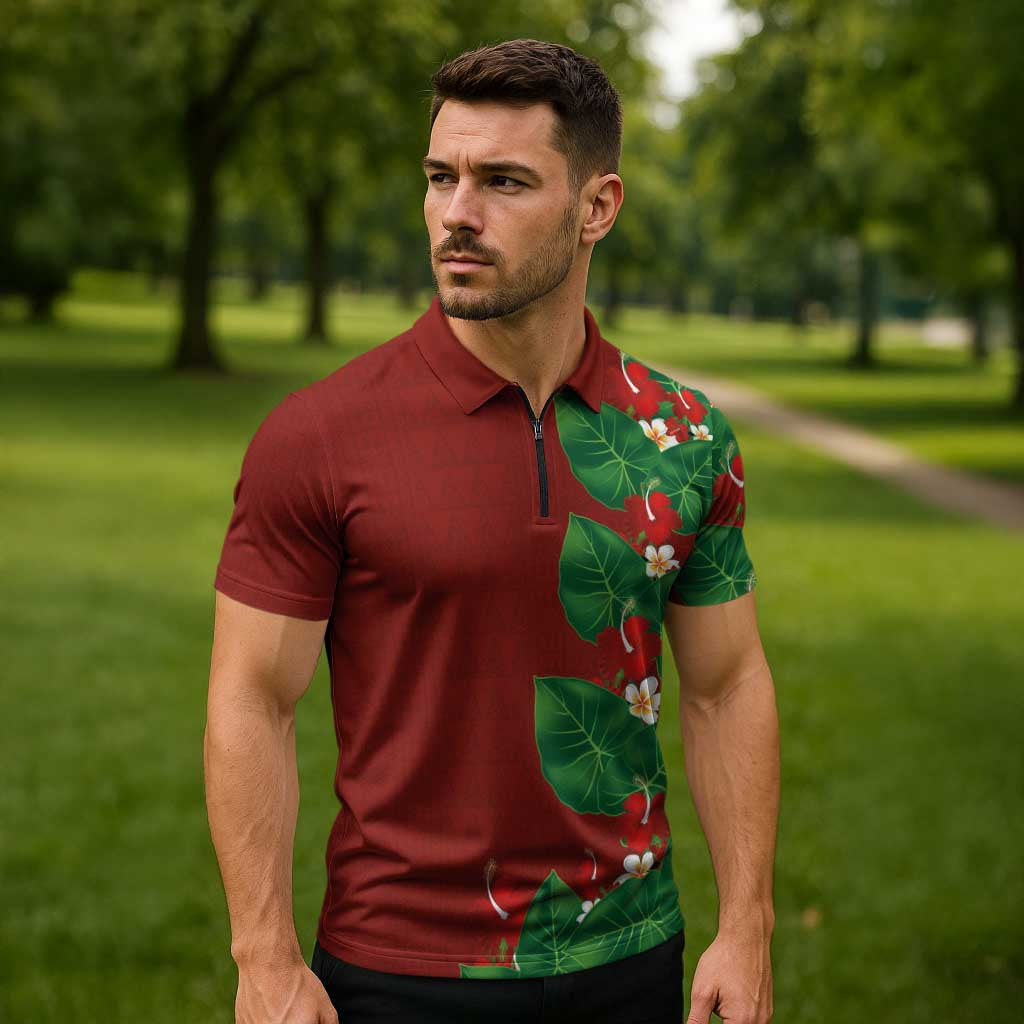Hawaiian Taro Leaves-Hibiscus and Plumeria Zipper Polo Shirt Polynesian Art-Kakau Tattoo Red LT03 - Polynesian Pride