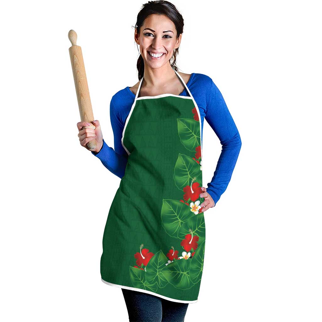 Hawaiian Taro Leaves-Hibiscus and Plumeria Apron Polynesian Art-Kakau Tattoo Green