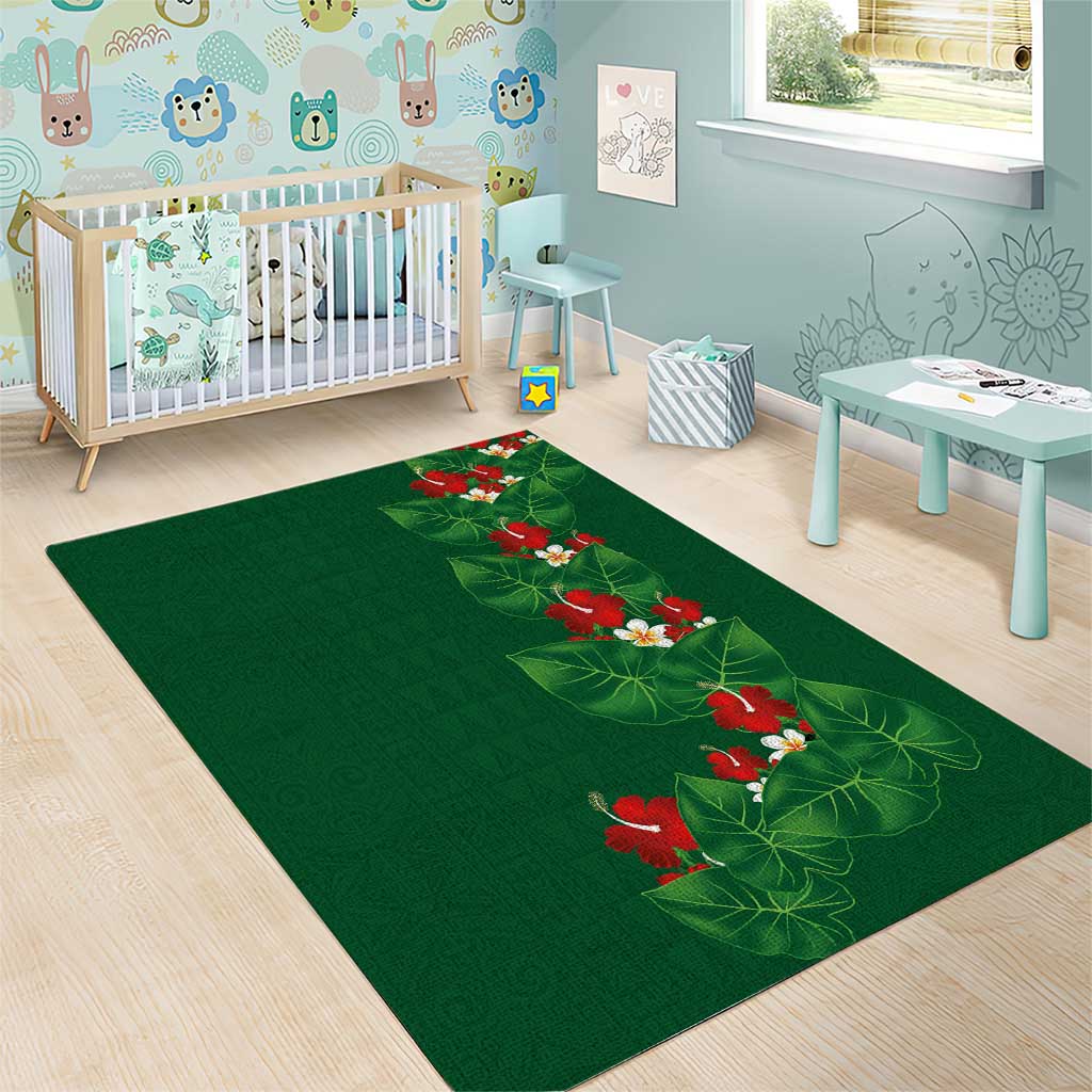 Hawaiian Taro Leaves-Hibiscus and Plumeria Area Rug Polynesian Art-Kakau Tattoo Green LT03 - Polynesian Pride