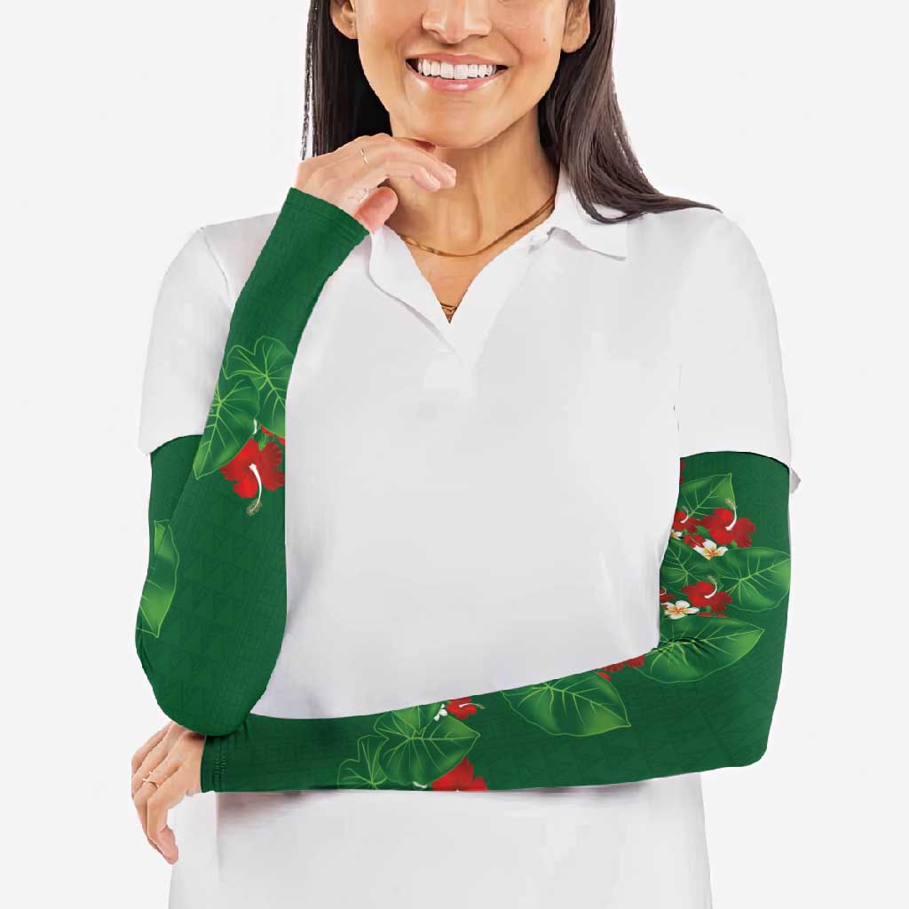 Hawaiian Taro Leaves-Hibiscus and Plumeria Arm Sleeves Polynesian Art-Kakau Tattoo Green LT03 - Polynesian Pride
