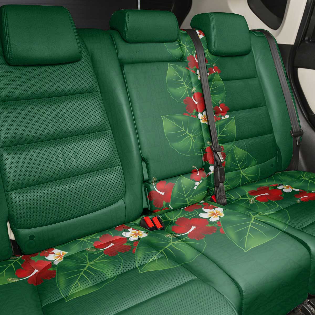 Hawaiian Taro Leaves-Hibiscus and Plumeria Back Car Seat Cover Polynesian Art-Kakau Tattoo Green LT03 - Polynesian Pride
