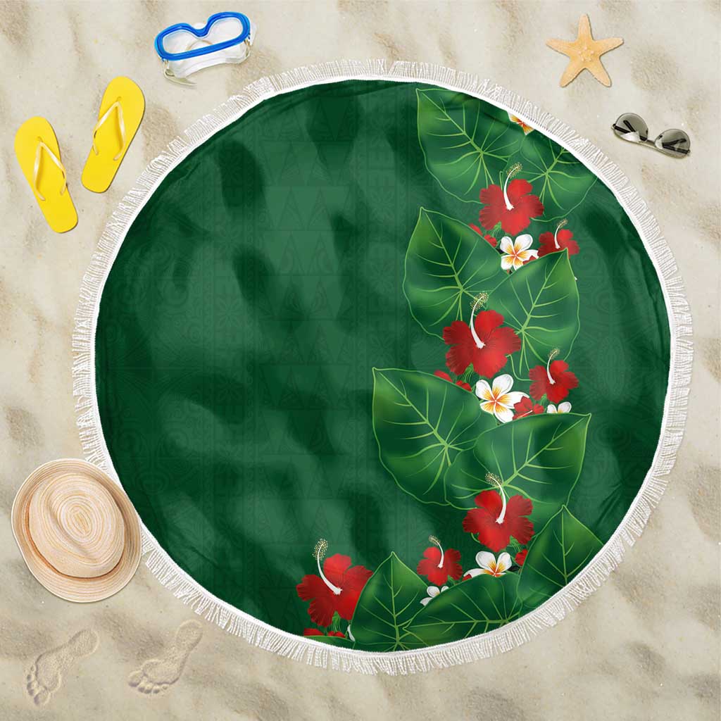 Hawaiian Taro Leaves-Hibiscus and Plumeria Beach Blanket Polynesian Art-Kakau Tattoo Green