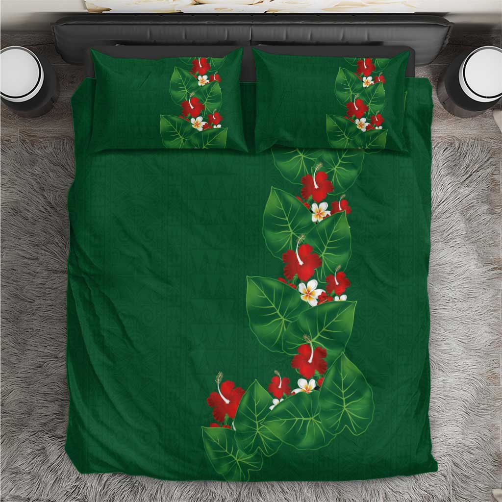 Hawaiian Taro Leaves-Hibiscus and Plumeria Bedding Set Polynesian Art-Kakau Tattoo Green