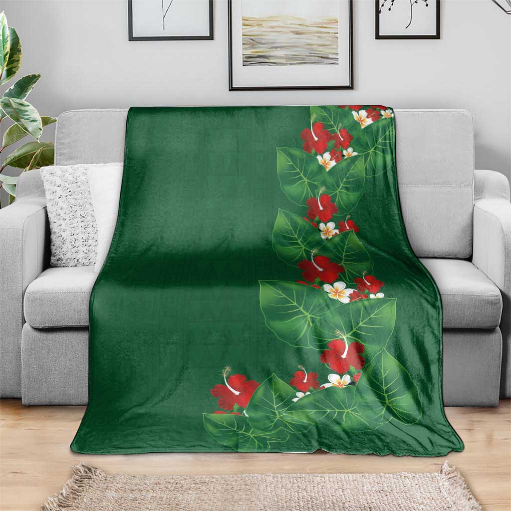 Hawaiian Taro Leaves-Hibiscus and Plumeria Blanket Polynesian Art-Kakau Tattoo Green