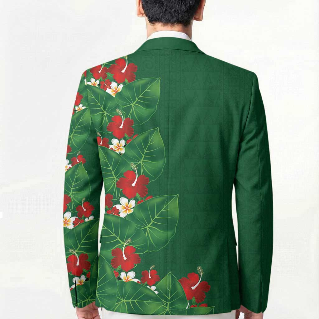 Hawaiian Taro Leaves-Hibiscus and Plumeria Blazer Polynesian Art-Kakau Tattoo Green