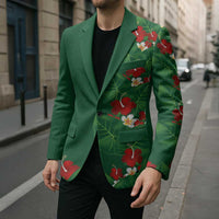 Hawaiian Taro Leaves-Hibiscus and Plumeria Blazer Polynesian Art-Kakau Tattoo Green