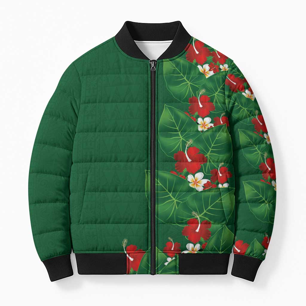 Hawaiian Taro Leaves-Hibiscus and Plumeria Bomber Puffer Jacket Polynesian Art-Kakau Tattoo Green