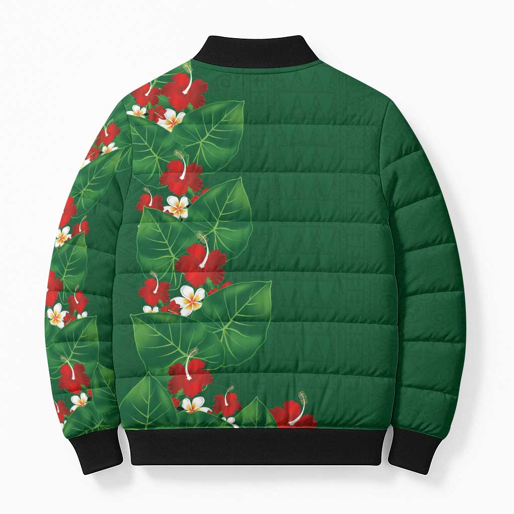 Hawaiian Taro Leaves-Hibiscus and Plumeria Bomber Puffer Jacket Polynesian Art-Kakau Tattoo Green