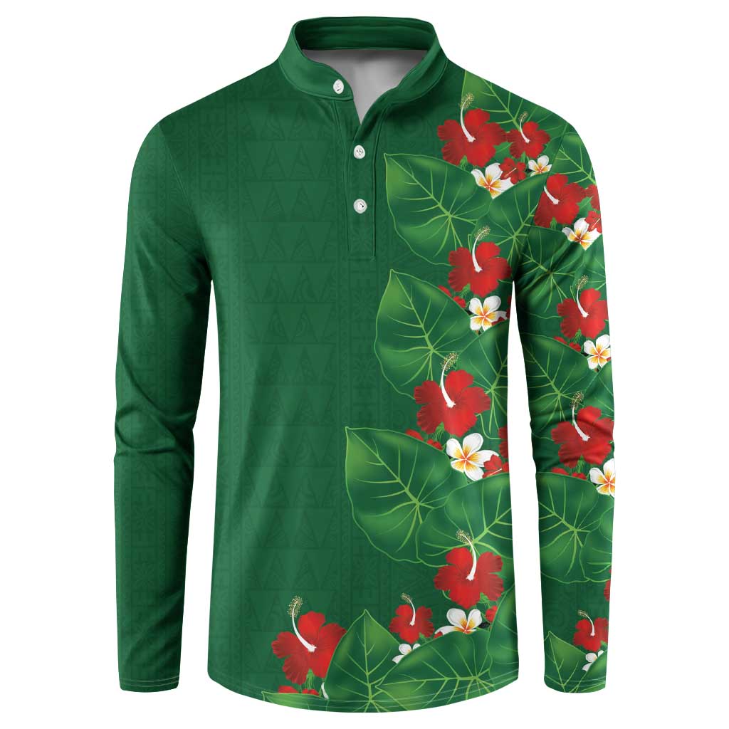Hawaiian Taro Leaves-Hibiscus and Plumeria Button Sweatshirt Polynesian Art-Kakau Tattoo Green