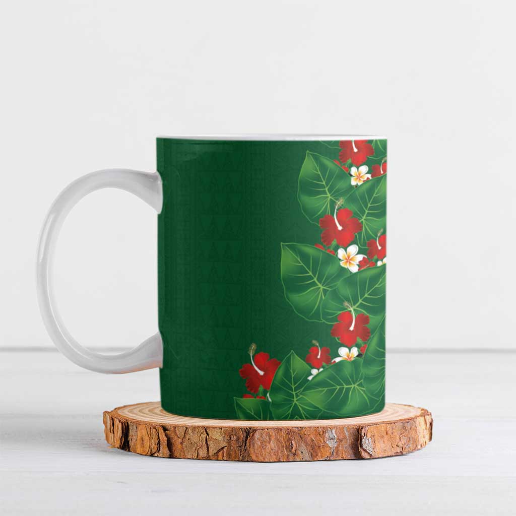 Hawaiian Taro Leaves-Hibiscus and Plumeria Ceramic Mug Polynesian Art-Kakau Tattoo Green