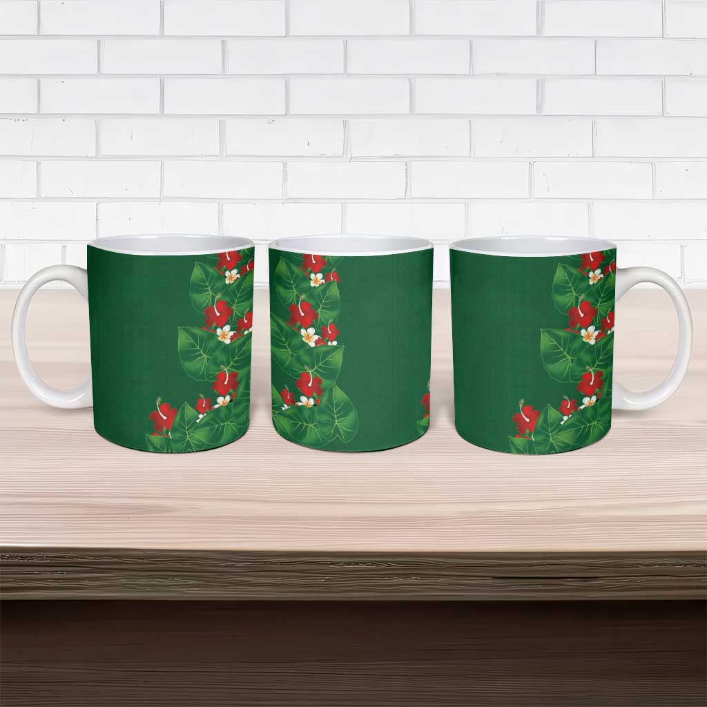 Hawaiian Taro Leaves-Hibiscus and Plumeria Ceramic Mug Polynesian Art-Kakau Tattoo Green