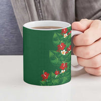 Hawaiian Taro Leaves-Hibiscus and Plumeria Ceramic Mug Polynesian Art-Kakau Tattoo Green