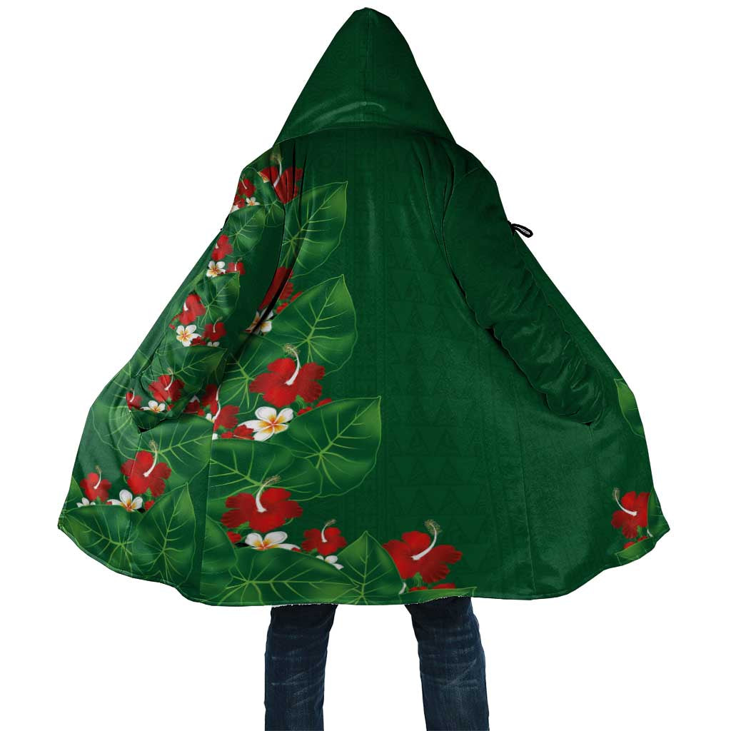 Hawaiian Taro Leaves-Hibiscus and Plumeria Cloak Polynesian Art-Kakau Tattoo Green