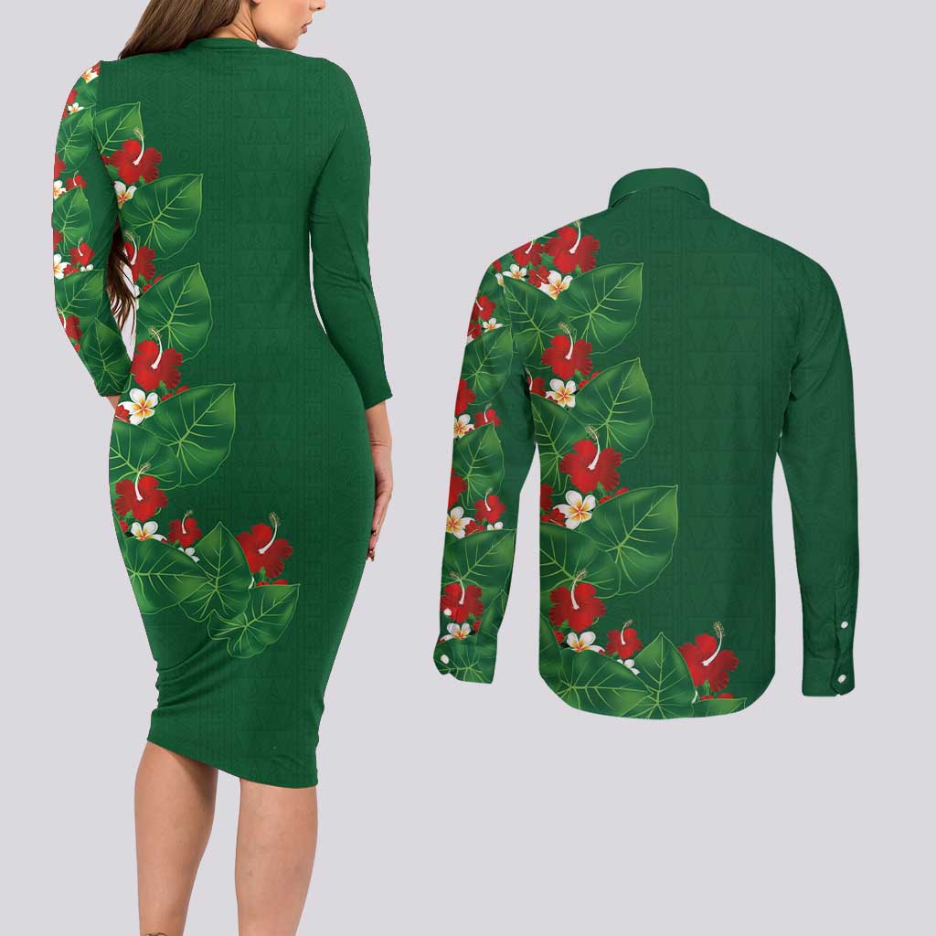 Hawaiian Taro Leaves-Hibiscus and Plumeria Couples Matching Long Sleeve Bodycon Dress and Long Sleeve Button Shirt Polynesian Art-Kakau Tattoo Green LT03 - Polynesian Pride