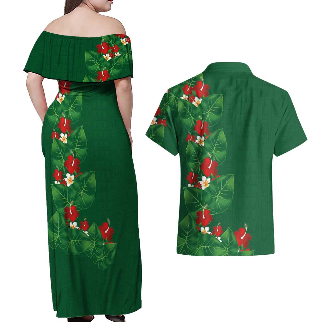 Hawaiian Taro Leaves-Hibiscus and Plumeria Couples Matching Off Shoulder Maxi Dress and Hawaiian Shirt Polynesian Art-Kakau Tattoo Green LT03 - Polynesian Pride