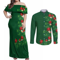 Hawaiian Taro Leaves-Hibiscus and Plumeria Couples Matching Off Shoulder Maxi Dress and Long Sleeve Button Shirt Polynesian Art-Kakau Tattoo Green LT03 Green - Polynesian Pride