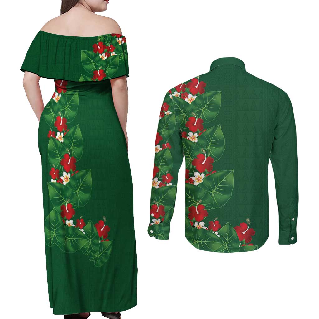 Hawaiian Taro Leaves-Hibiscus and Plumeria Couples Matching Off Shoulder Maxi Dress and Long Sleeve Button Shirt Polynesian Art-Kakau Tattoo Green LT03 - Polynesian Pride