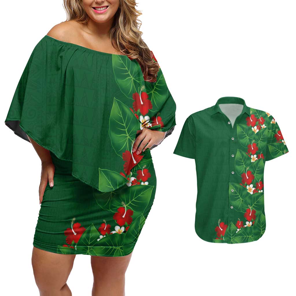 Hawaiian Taro Leaves-Hibiscus and Plumeria Couples Matching Off Shoulder Short Dress and Hawaiian Shirt Polynesian Art-Kakau Tattoo Green LT03 Green - Polynesian Pride